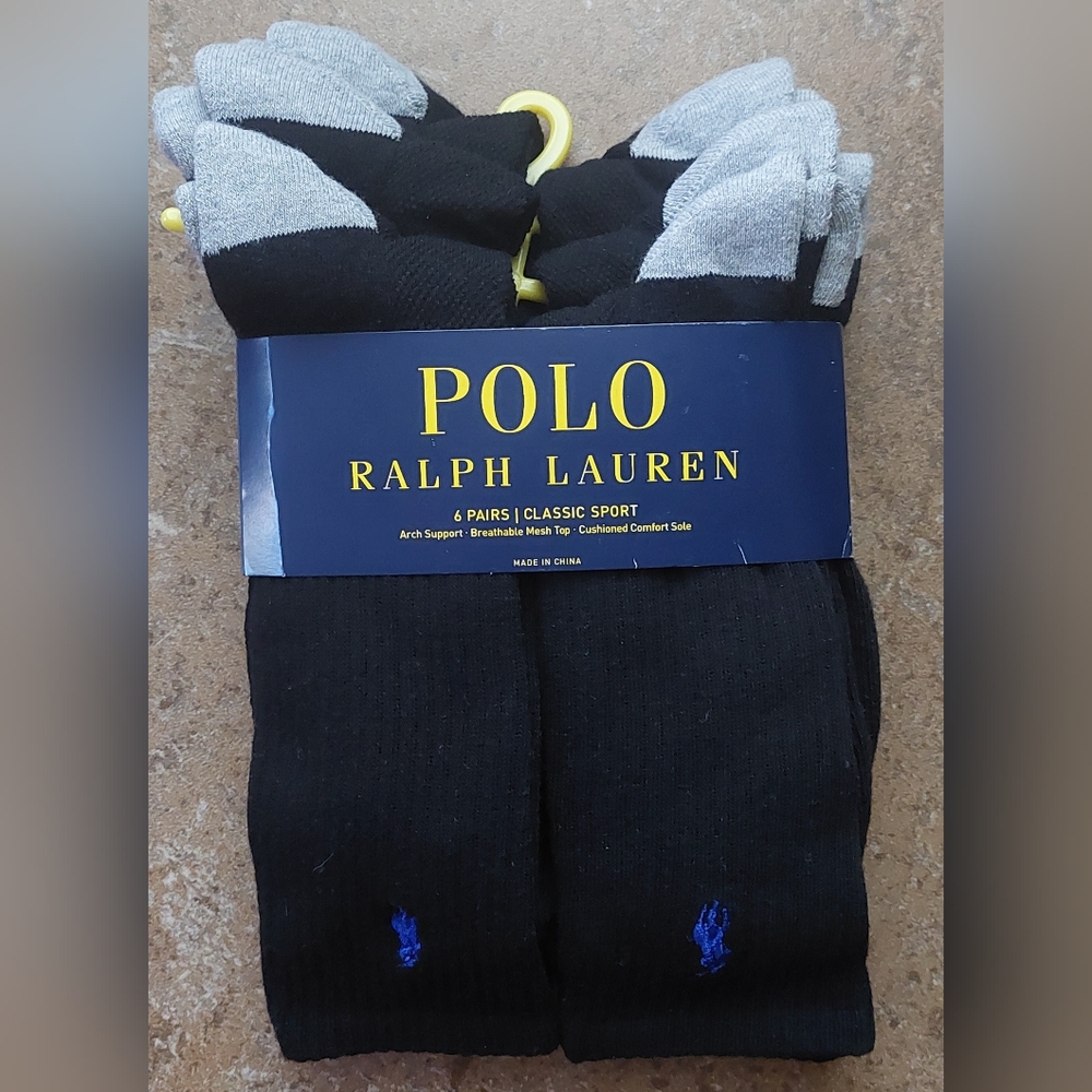 Polo Ralph Lauren Casual Crew Ribbed Sport Socks Black Silver 10-13 6-Pair Pack